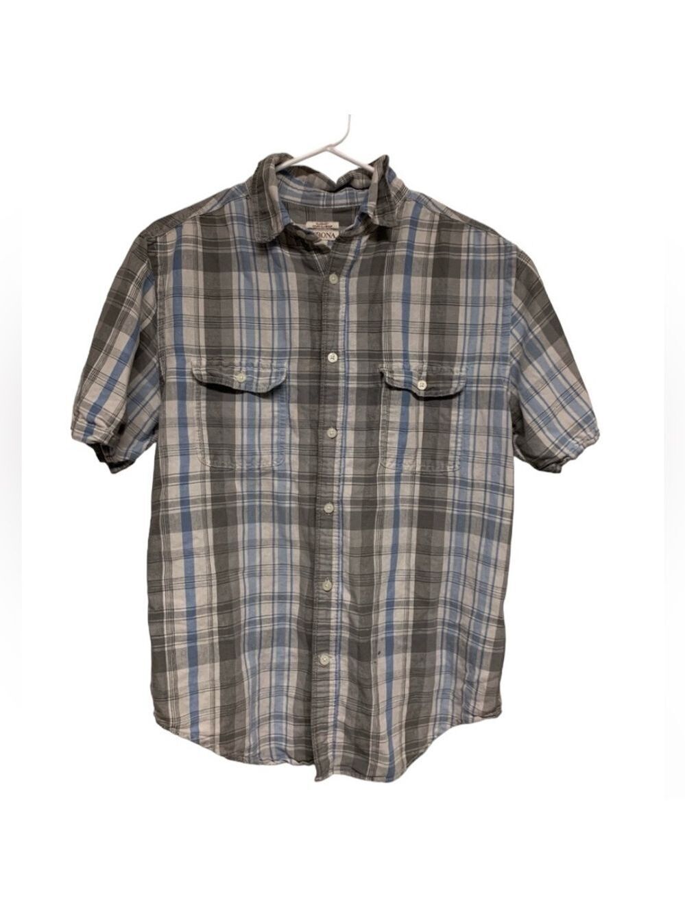 Merona short sleeve grey blue plaid linen cotton button down mens size M Medium